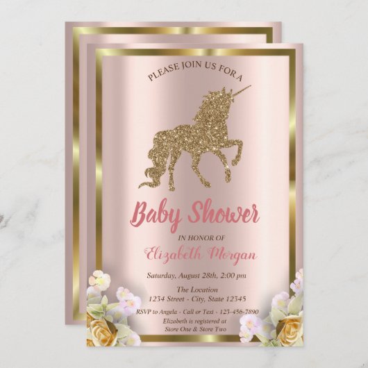 金ゴールドエレガントグリッターユニコーンフローラベビーシャワー 招待状 (正面/裏面)