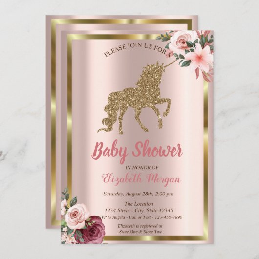 金ゴールドエレガントグリッターユニコーン花赤ちゃんシャワー 招待状 (正面/裏面)