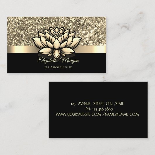 金ゴールドエレガントグリッターロータスフラワーヨガインストラクター 名刺 (正面/裏面)
