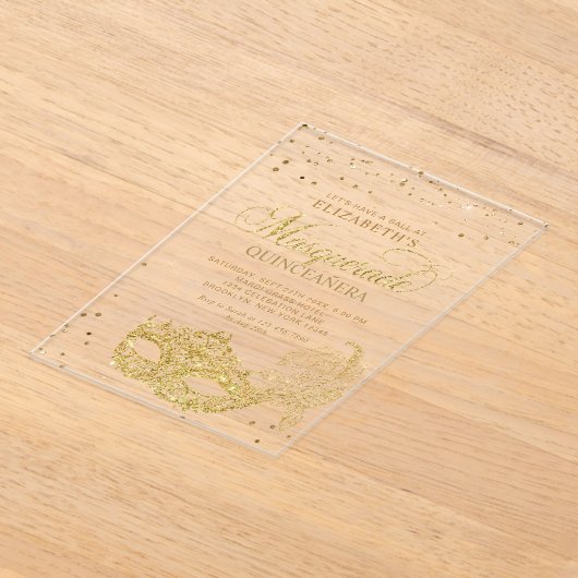 金ゴールドエレガントグリッター仮装キンセアニラ アクリル招待状 (レイダウン)