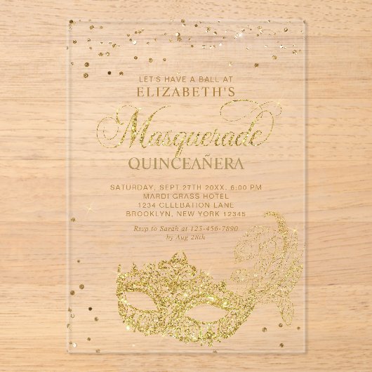 金ゴールドエレガントグリッター仮装キンセアニラ アクリル招待状 (正面)