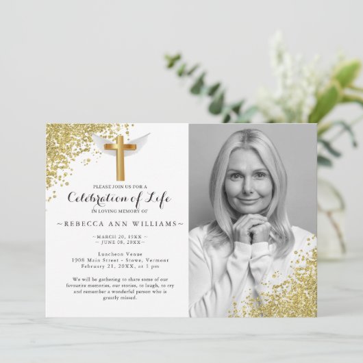 金ゴールドエレガントグリッター写真お祝い 招待状 (スタンド正面)