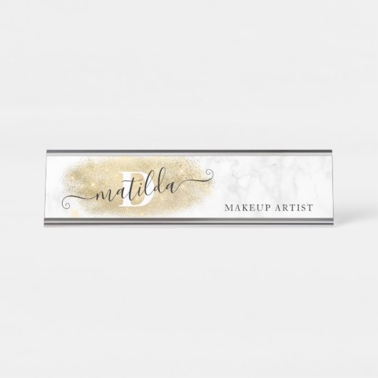金ゴールドエレガントグリッター大理石メーキャップのアーティスト デスクネームプレート (正面)