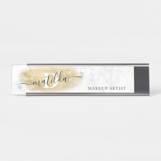金ゴールドエレガントグリッター大理石メーキャップのアーティスト デスクネームプレート (正面)