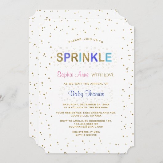金ゴールドエレガントグリッター振りかける男の子のシャワー 招待状 (正面/裏面)