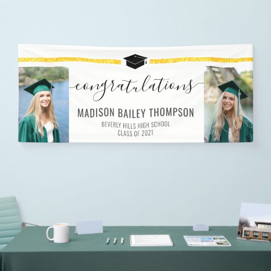 金ゴールドエレガントグリッター書道卒業写真 横断幕 (トレードショー)