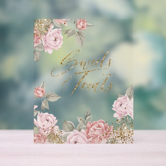 金ゴールドエレガントグリッター牡丹花模様スイーツ&トリート アクリルサイン (ニュートラル)