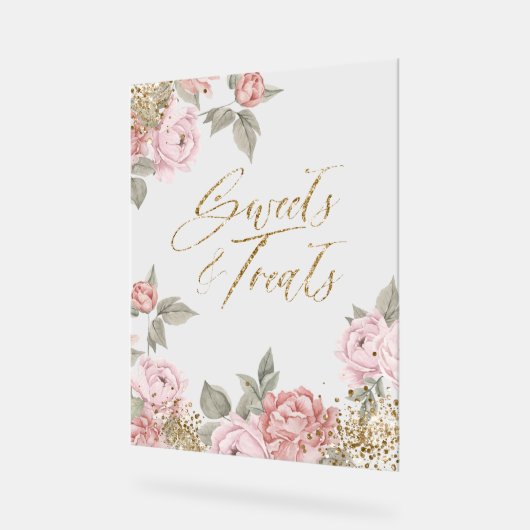 金ゴールドエレガントグリッター牡丹花模様スイーツ&トリート アクリルサイン (傾斜)