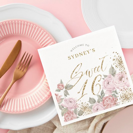 金ゴールドエレガントグリッター牡丹花模様スウィート16お気に入り スタンダードカクテルナプキン