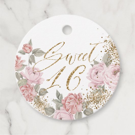 金ゴールドエレガントグリッター牡丹花模様ズスウィート16 フェイバータグ (正面)