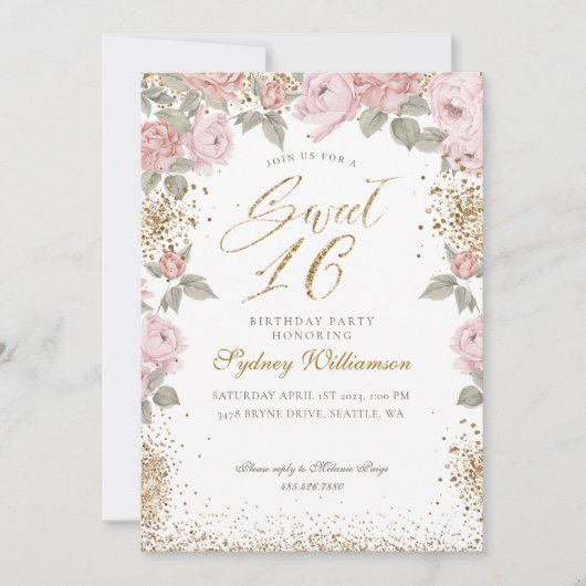 金ゴールドエレガントグリッター牡丹花模様ズスウィート16 招待状 (正面)