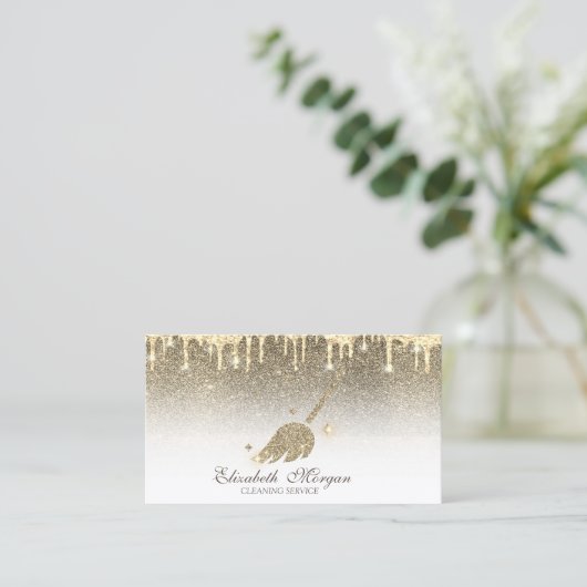 金ゴールドエレガントグリッター箒メイドクリーニングハウス 名刺 (スタンド正面)