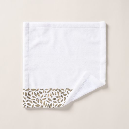 金ゴールドエレガントグリッター羽毛オンホワイトモノグラム バスタオルセット (ウォッシュタオル)