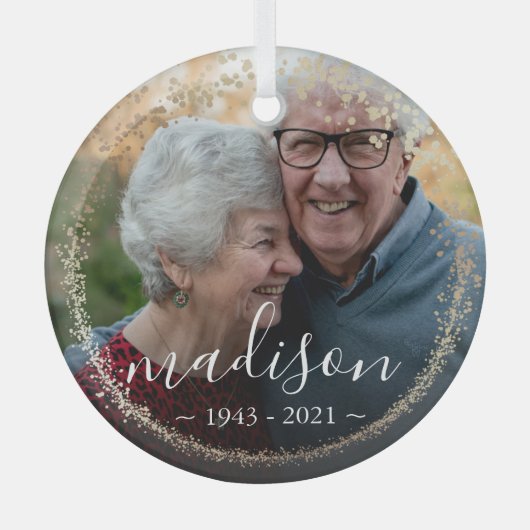 金ゴールドエレガントグリッター額写真記念記念 ガラスオーナメント (正面)