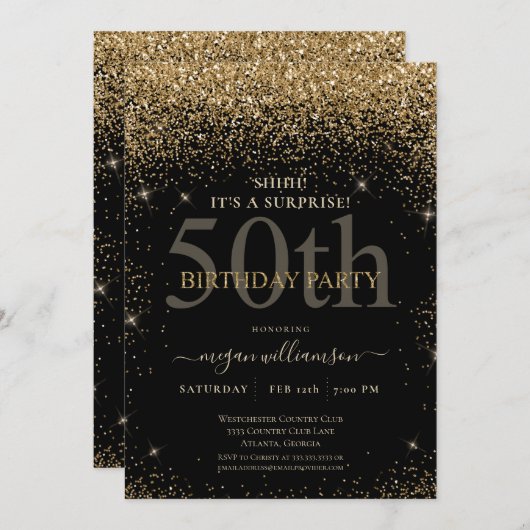 金ゴールドエレガントグリッター50th誕生日パーティー 招待状 (正面/裏面)