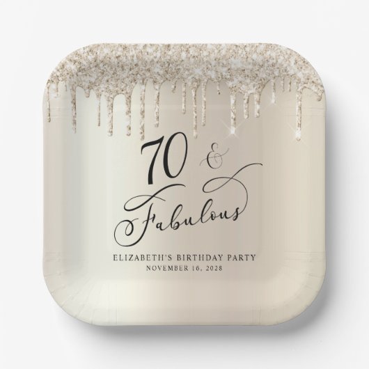 金ゴールドエレガントグリッター70th誕生日パーティー ペーパープレート (正面)