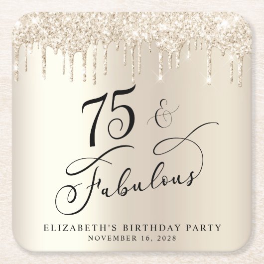 金ゴールドエレガントグリッター75th誕生日パーティー スクエアペーパーコースター (正面)