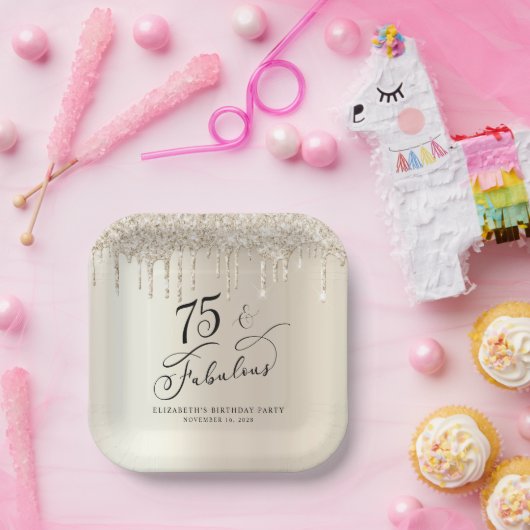 金ゴールドエレガントグリッター75th誕生日パーティー ペーパープレート (パーティー)