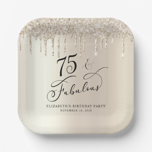 金ゴールドエレガントグリッター75th誕生日パーティー ペーパープレート (正面)