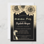 金ゴールドエレガントグリッター、ワイン、ガラス、ひまわり 招待状 (正面)