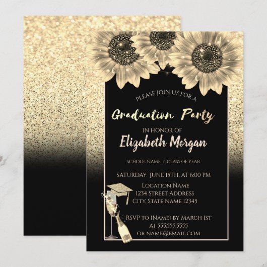 金ゴールドエレガントグリッター、ワイン、ガラス、ひまわり 招待状 (正面/裏面)