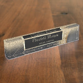 金ゴールドエレガントグリッター《写真》ぼけ味ブラック大理石、フレーム デスクネームプレート (側面)