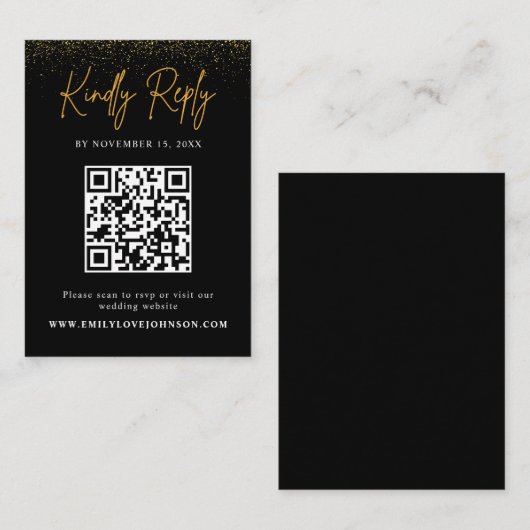 金ゴールドエレガントグリッターQRコード結婚式RSVP エンクロージャーカード (正面/裏面)