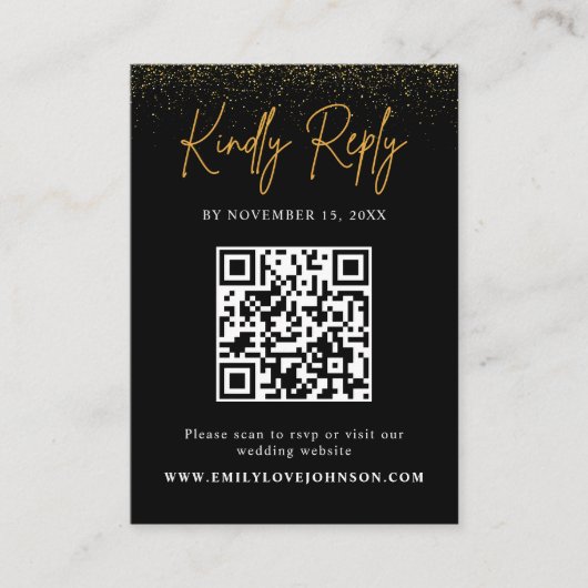 金ゴールドエレガントグリッターQRコード結婚式RSVP エンクロージャーカード (正面)