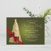 金ゴールドエレガントグリーンクリスマスツリーリボンホリデーパーティー 招待状 (スタンド正面)