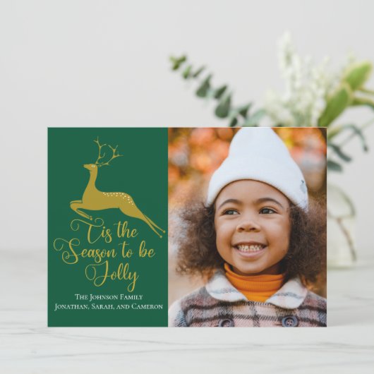 金ゴールドエレガントグリーントナカイのクリスマスファミリー写真 シーズンカード (スタンド正面)