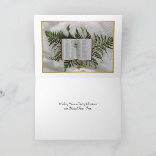 金ゴールドエレガントグリーンバイブルフローラ写真クリスマス シーズンカード (内部)