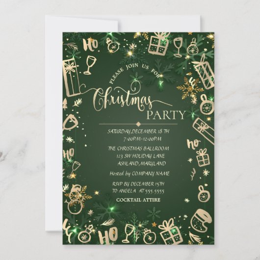 金ゴールドエレガントグリーンホリデークリスマスカンパニー 招待状 (正面)