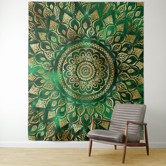 金ゴールドエレガントグリーンマンダラフローラ タペストリー (インサイチュ)