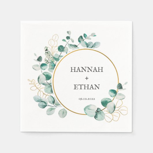 金ゴールドエレガントグリーンユーカリパーソナライズされた スタンダードカクテルナプキン (正面)