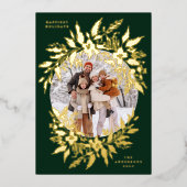 金ゴールドエレガントグリーンリース写真メリークリスマス 箔シーズンカード (正面)