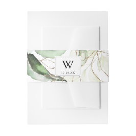 金ゴールドエレガントグリーンリーモノグラム結婚式招待状 招待状ベリーバンド