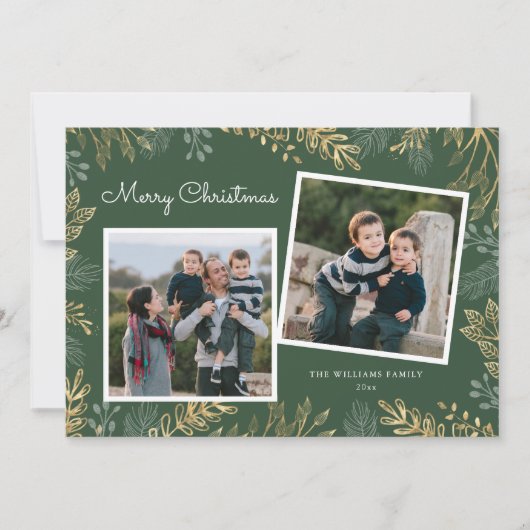 金ゴールドエレガントグリーンリー2枚の写真ハッピーホリデー シーズンカード (正面)