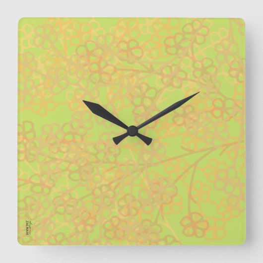 金ゴールドエレガントグリーン抽象芸術フローラルパターン スクエア壁時計 (正面)