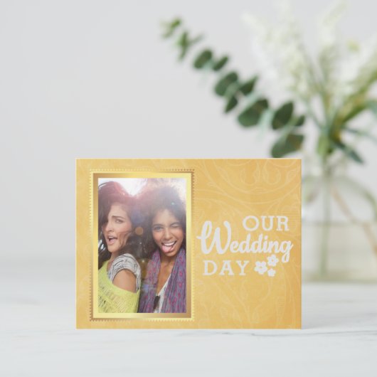 金ゴールドエレガントゲイレズビアン日付写真を保存 案内ポストカード (スタンド正面)