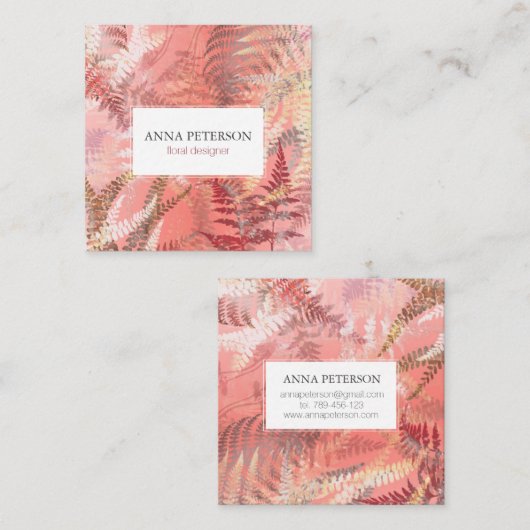 金ゴールドエレガントコーラルピンクファーン葉ズ スクエア名刺 (正面/裏面)