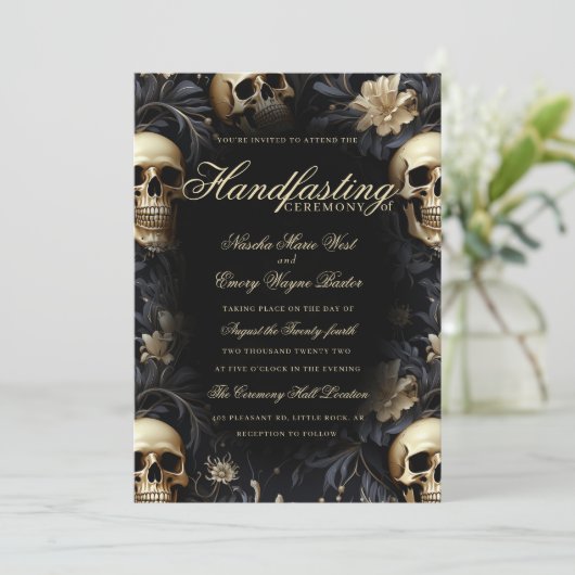 金ゴールドエレガントゴシックフローラスカル手打ち 招待状 (スタンド正面)