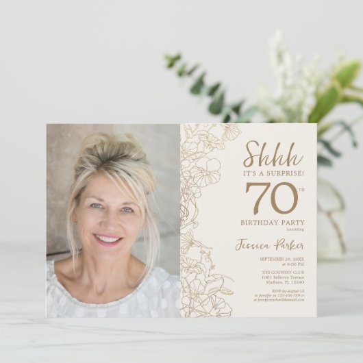 金ゴールドエレガントサプライズ写真第70誕生日 招待状 (スタンド正面)
