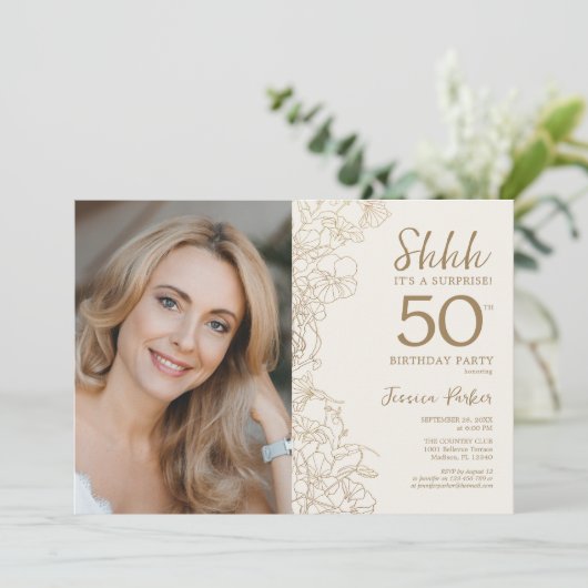 金ゴールドエレガントサプライズ写真50誕生日 招待状 (スタンド正面)