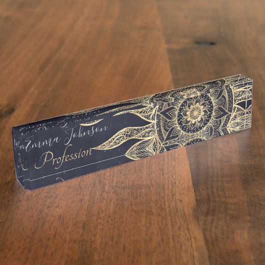 金ゴールドエレガントサンマンダラブルーネブラデザイン デスクネームプレート (側面)