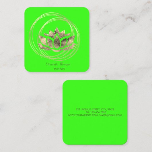 金ゴールドエレガントサークル金ゴールドロータスグリーンネオン スクエア名刺 (正面/裏面)