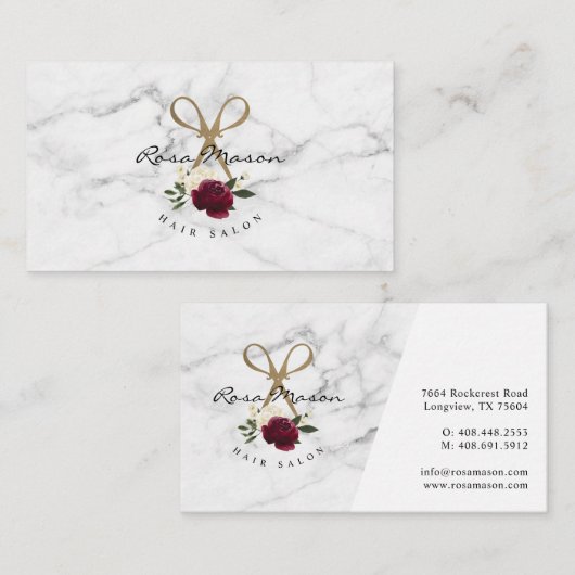 金ゴールドエレガントシザーと赤水カラーフローラロゴ 名刺 (正面/裏面)