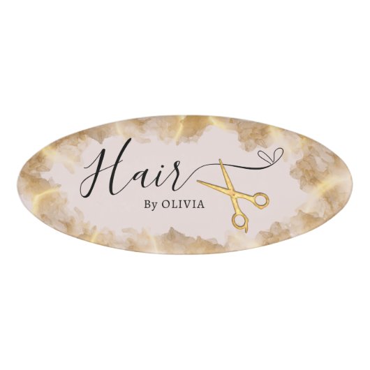 金ゴールドエレガントシザーヘアカット美しいサロンピンク 名札 (正面)