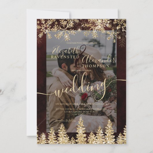 金ゴールドエレガントシック冬のクリスマスフォト結婚ズ 招待状 (正面)