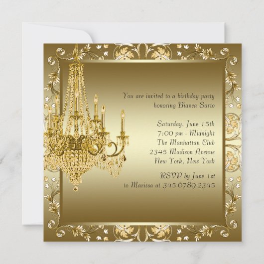 金ゴールドエレガントシャンデリアバースデーパーティ招待状 招待状 (裏面)