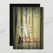 金ゴールドエレガントシャンパングラス女性の誕生日 招待状 (正面/裏面)